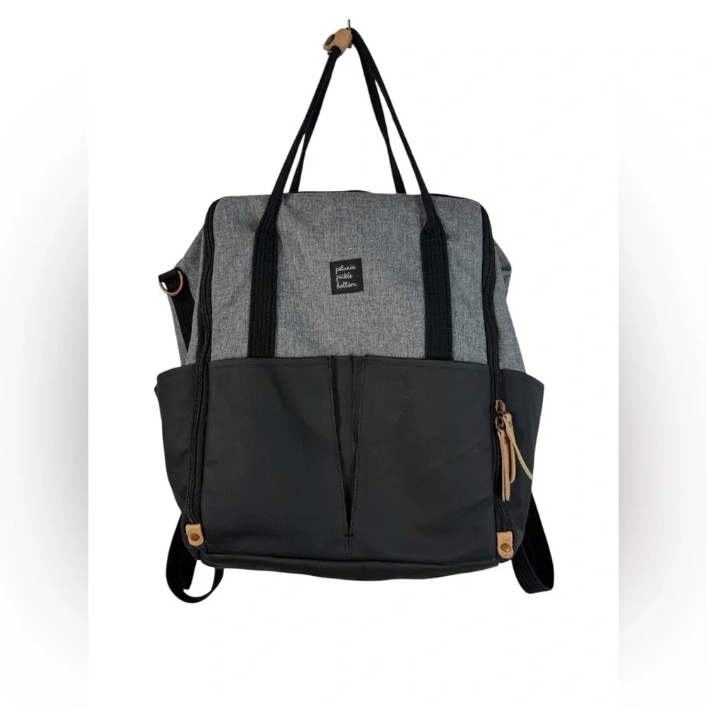 Petunia Pickle Bottom gray & black backpack shoulder diaper bag.